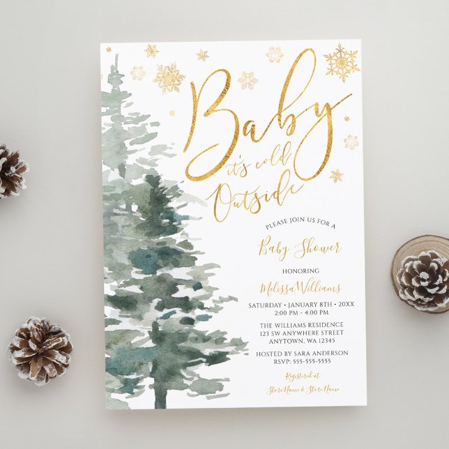 Winter Forest Gold It's Cold Outside Baby Shower Invitation (Creator Uploaded)