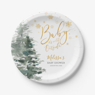 Winter Forest Gold It's Cold Outside Baby Shower Paper Plate