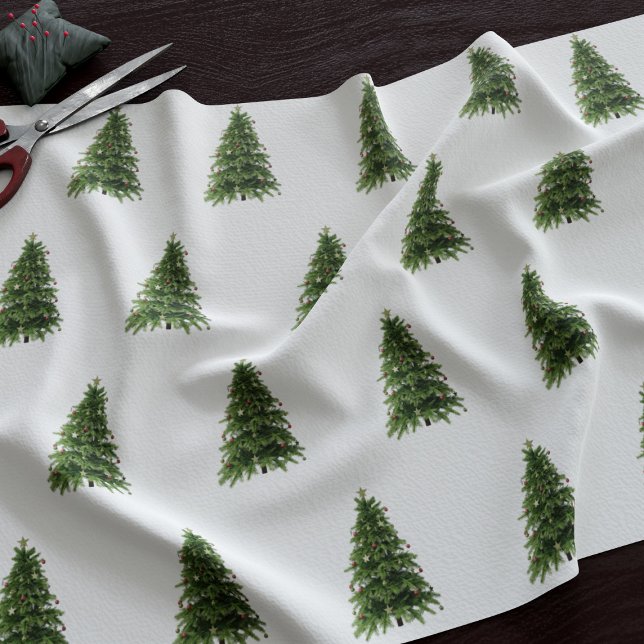 Winter Forest Green Christmas Tree Pattern White Fabric (Fun and festive Christmas tree pattern fabric just for you)