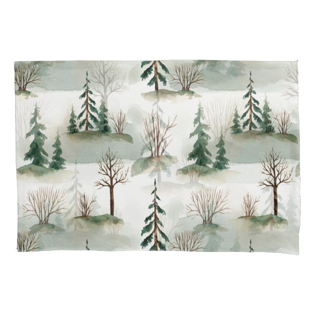 Winter Forest: Hand-Drawn Green Blur Pillowcase (Front)