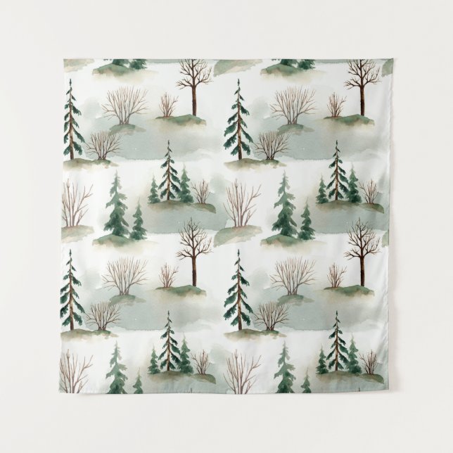Winter Forest: Hand-Drawn Green Blur Tapestry (Front)