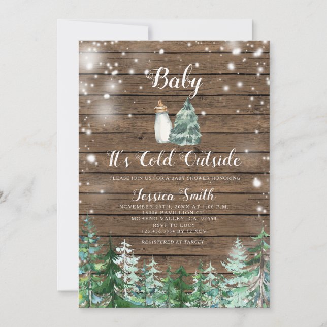 Winter Forest It's Cold Outside Wood Baby Shower Invitation (Front)