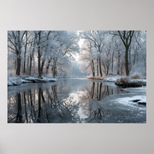 Winter forest landscape with a calm river poster