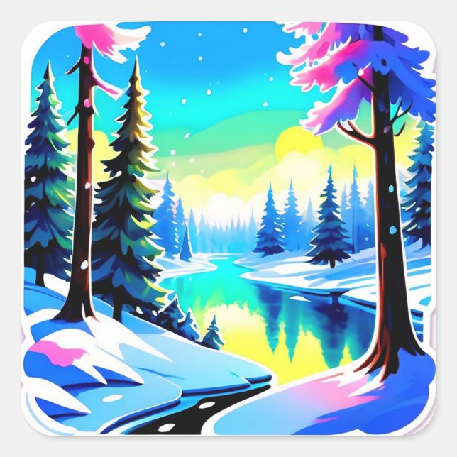 Winter Forest Landscape With Snowy Trees Square Sticker (Front)