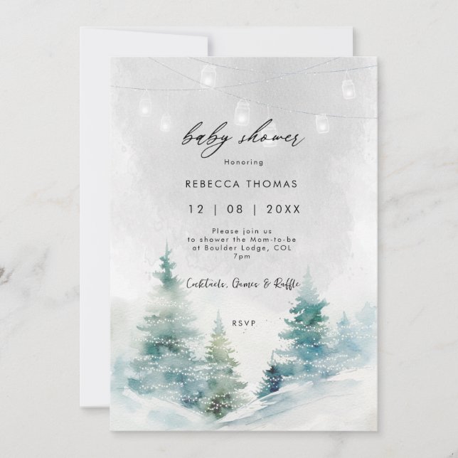 winter forest lanterns baby shower invitation (Front)