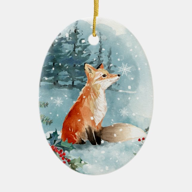 Winter forest, log cabin, fox Ceramic Ornament (Front)