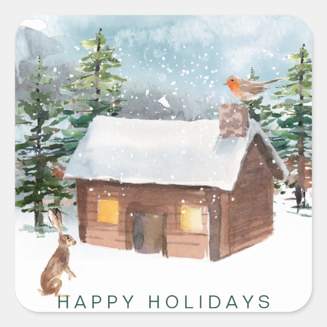 Winter forest, log cabin, robin, hare square sticker (Front)