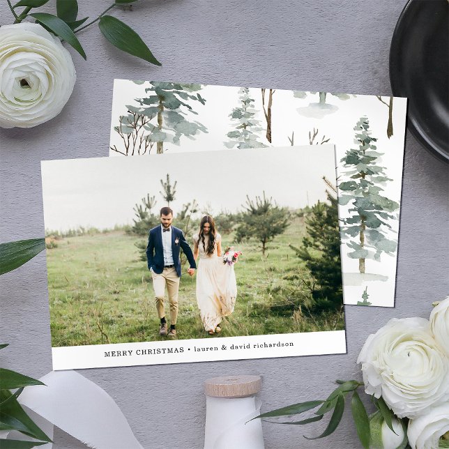 Winter Forest | Merry Christmas Photo Holiday Card (A festive Christmas photo card with a winter forest pattern on the back)