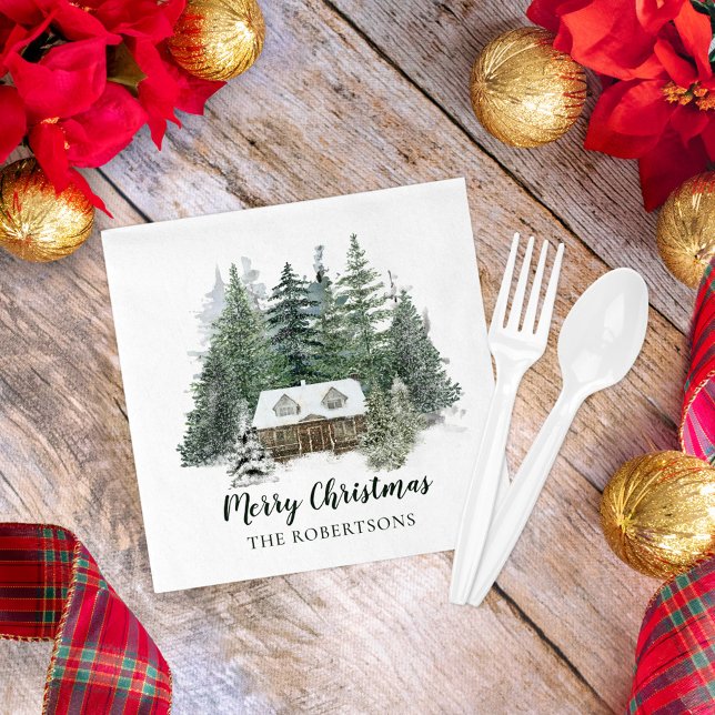 Winter Forest Merry Christmas Rustic Cabin  Napkin (Creator Uploaded)