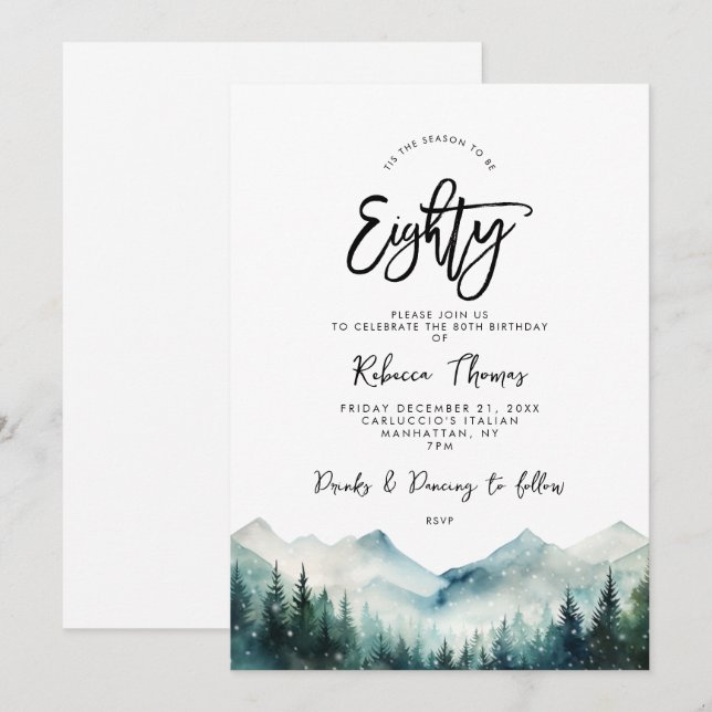 winter forest mountain 80th birthday invitation (Front/Back)