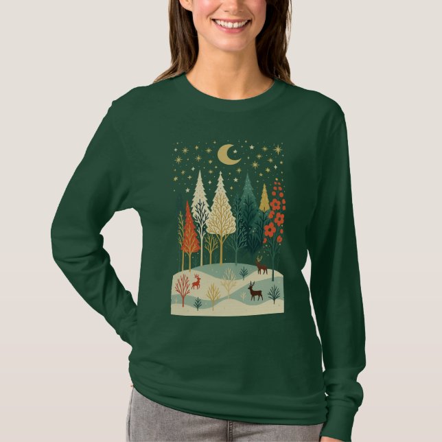 Winter Forest Night Long Sleeve T-Shirt | Peaceful (Front)