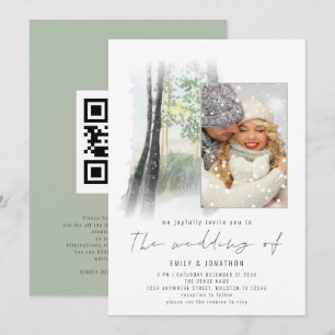 Winter Forest Photo QR Code Sage Wedding Invitation
