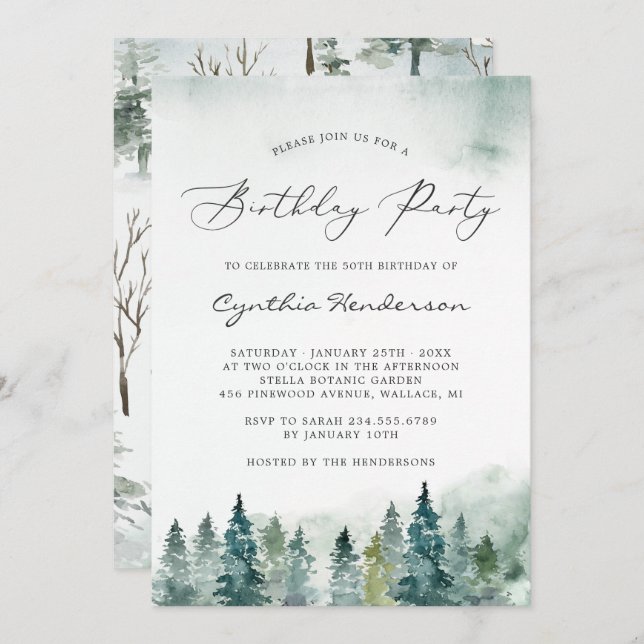 Winter Forest Pine Trees Birthday Party Invitation (Front/Back)