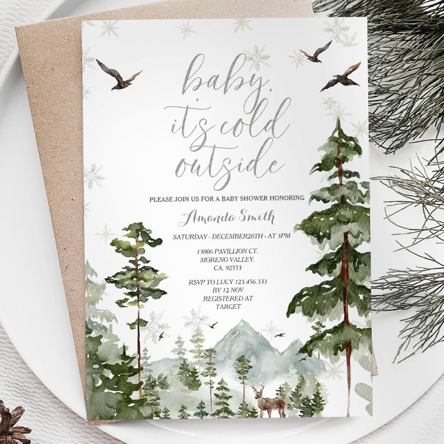 Winter Forest Pine Trees Cold Outside Baby Shower Invitation (Creator Uploaded)