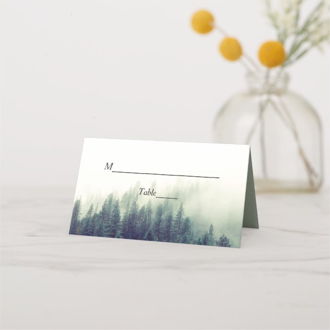 Winter Forest Pine Trees Elegant Chic Wedding Place Card (Front)