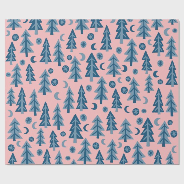 Winter Forest Pine Trees Moon Stars Gift Wrapping Paper (Flat)