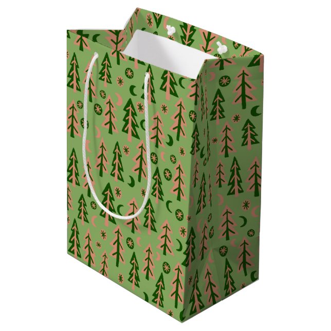 Winter Forest Pine Trees Moon Stars Pattern Green Medium Gift Bag (Back Angled)