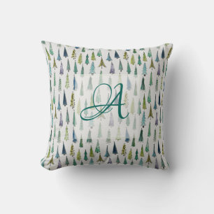 Winter Forest Pine Trees Pattern Monogrammed Decor Cushion