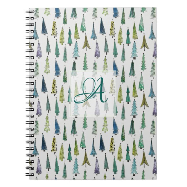 Winter Forest Pine Trees Pattern Monogrammed Decor Notebook (Front)