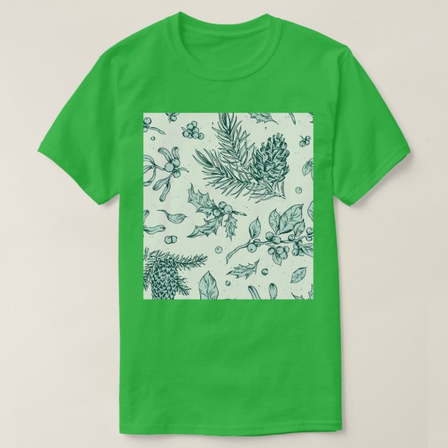 Winter Forest Pinecone Holly Berries Pattern T-Shirt (Design Front)