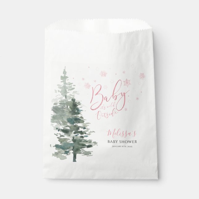 Winter Forest Pink It's Cold Outside Baby Shower Favour Bags (Front)
