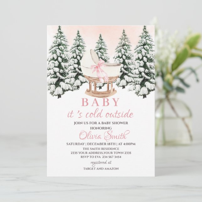 Winter Forest Pink It's Cold Outside Baby Shower Invitation (Standing Front)