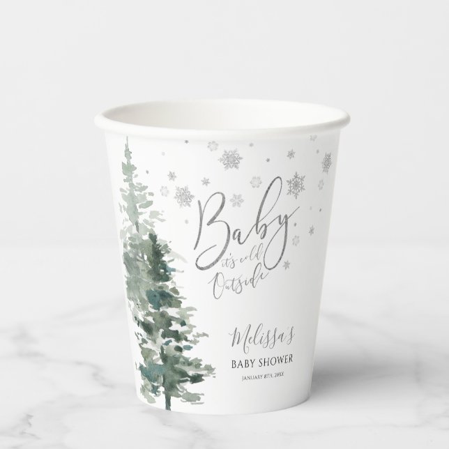 Winter Forest Silver It's Cold Outside Baby Shower Paper Cups (Front)