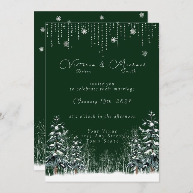 Winter Forest Snow Pine Trees Wedding Invitation (Front/Back)