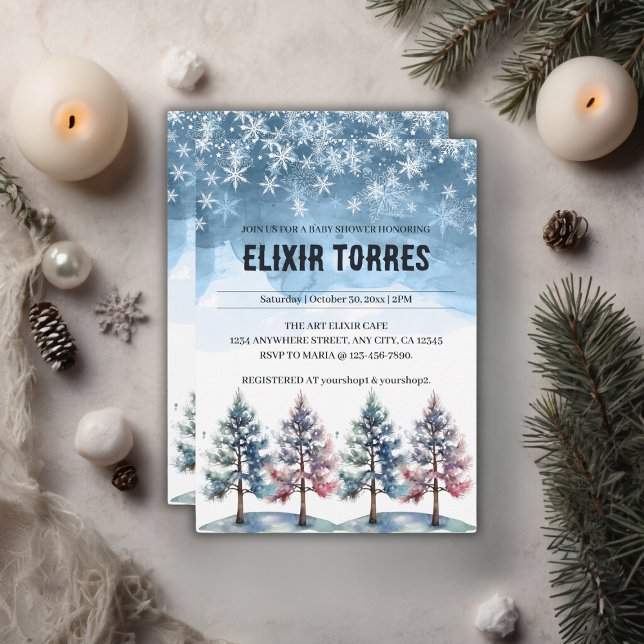 Winter Forest Snowflakes & Pine Trees Baby Shower Invitation (Creator Uploaded)