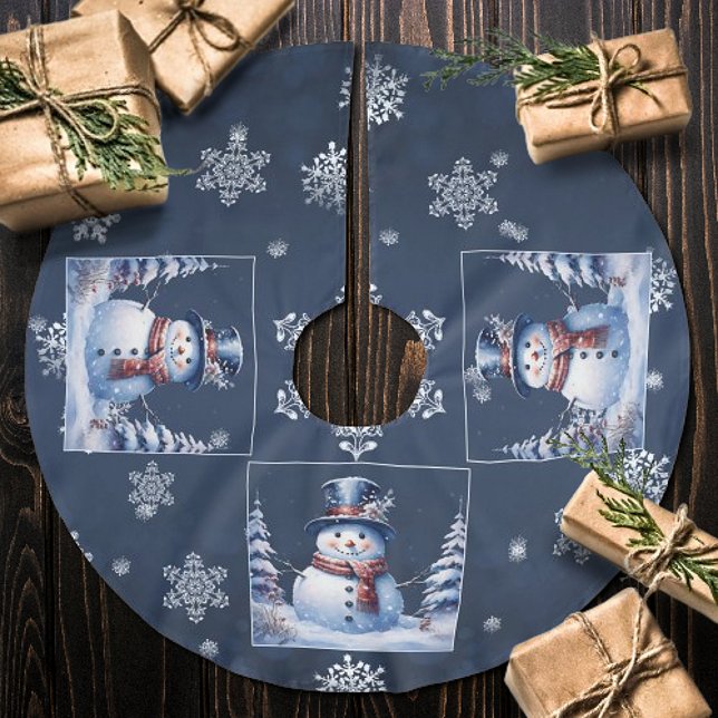 Winter Forest Snowman Christmas | Blue Brushed Polyester Tree Skirt (Winter Forest Snowman Christmas Tree Skirt)
