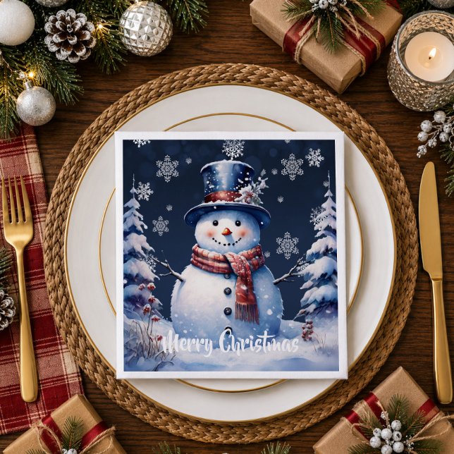 Winter Forest Snowman Christmas | Blue Napkin (Winter Forest Snowman Christmas | Blue Napkins)