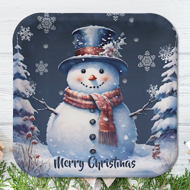 Winter Forest Snowman Christmas | Blue Paper Plate (Blue Winter Forest Snowman Christmas Paper Plates)