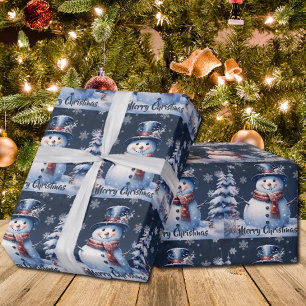 Winter Forest Snowman Christmas Blue Wrapping Paper