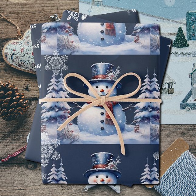 Winter Forest Snowman Christmas | Blue Wrapping Paper Sheet (Winter Forest Snowman Christmas Wrapping Paper Sheets)