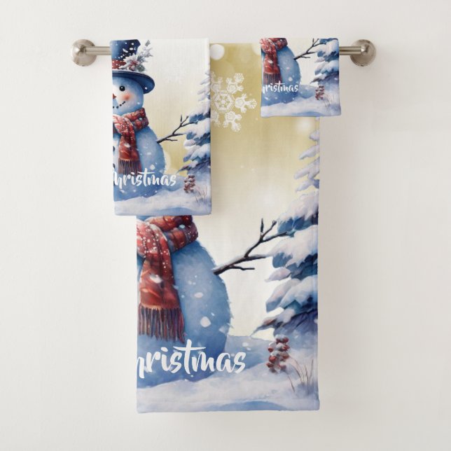 Winter Forest Snowman Christmas | Gold Bath Towel Set (Insitu)