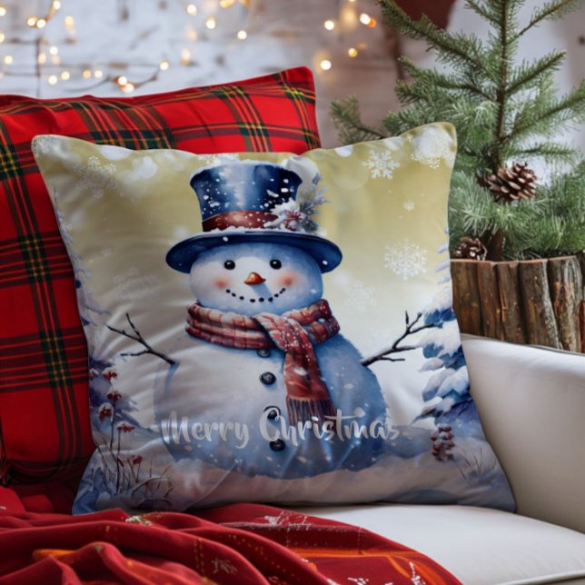 Winter Forest Snowman Christmas | Gold Cushion (Gold Winter Forest Snowman Christmas Throw Pillow)