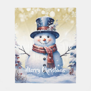 Winter Forest Snowman Christmas Gold Fleece Blanket