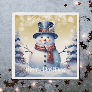 Winter Forest Snowman Christmas   Gold Napkin