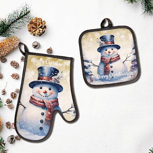 Winter Forest Snowman Christmas Gold Oven Mitt & Pot Holder Set
