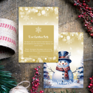 Winter Forest Snowman Christmas Gold Party Invitation