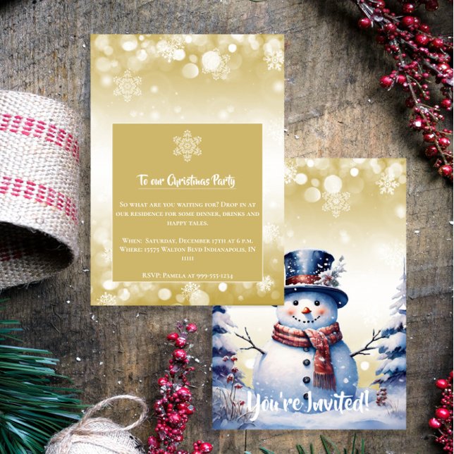 Winter Forest Snowman Christmas  | Gold Party Invitation (Gold Winter Forest Snowman Christmas Party Invitation)