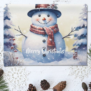 Winter Forest  Snowman Christmas   Gold Tea Towel