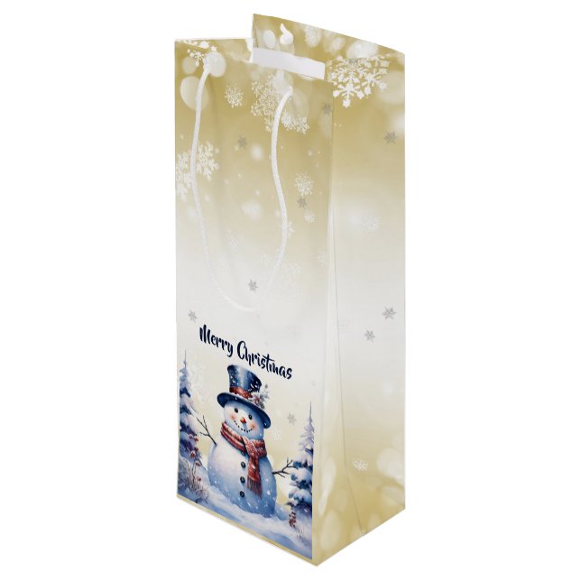 Winter Forest Snowman Christmas | Gold Wine Gift Bag (Back Angled)