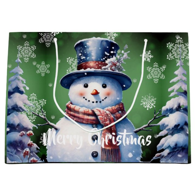 Winter Forest Snowman Christmas | Green Large Gift Bag (Front)