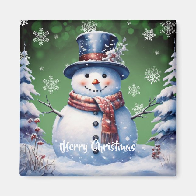 Winter Forest Snowman Christmas | Green Magnet (Front)