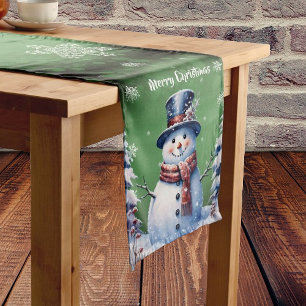 Winter Forest Snowman Christmas   Green Medium Table Runner