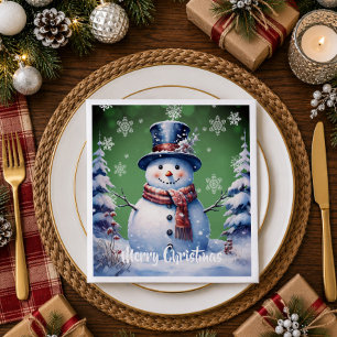 Winter Forest Snowman Christmas Green Napkin