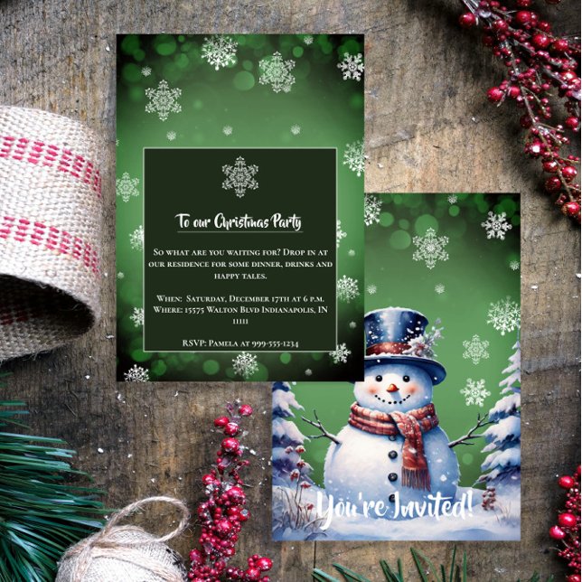 Winter Forest Snowman Christmas  | Green Party Invitation (Green Winter Forest Snowman Christmas Party Invitation)
