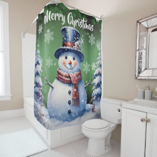 Winter Forest Snowman Christmas Green Shower Curtain