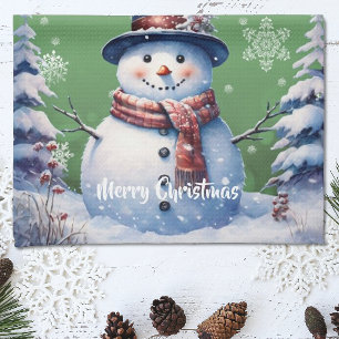 Winter Forest  Snowman Christmas   Green Tea Towel